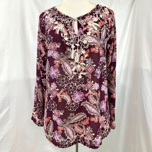 EDDIE BAUER Purple Floral Embroidered Tassel Peasant Blouse 100% Cotton Womens M